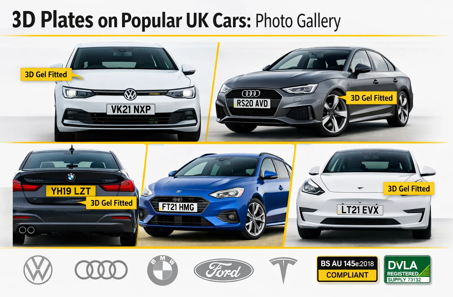 3D gel number plates on popular UK cars photo gallery - VW Golf, Audi, BMW, Ford, Tesla plate fitting examples and styling guide
