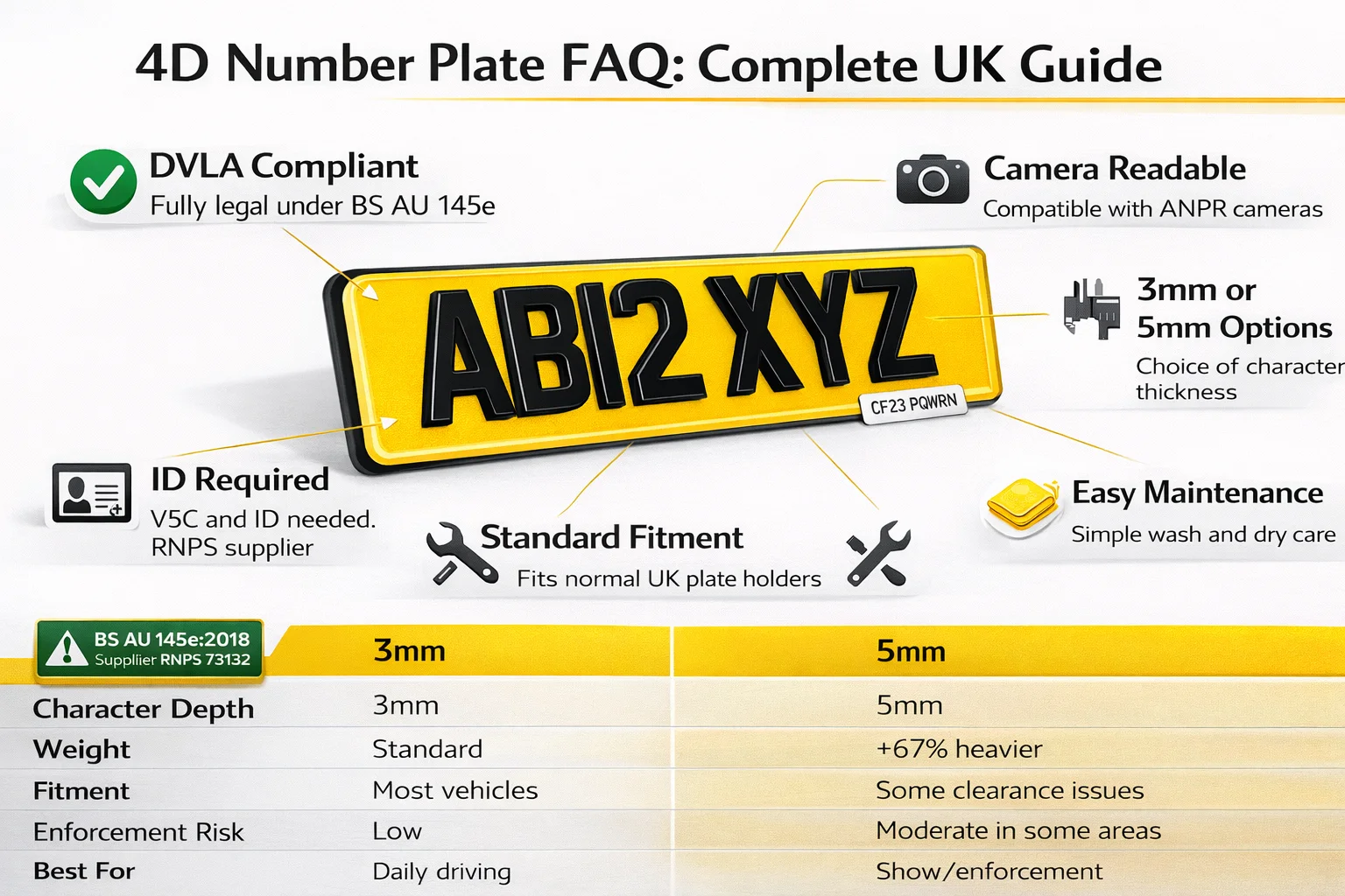 4D number plates FAQ UK - complete guide to legality, ANPR compatibility, thickness options, fitting, cleaning and DVLA requirements