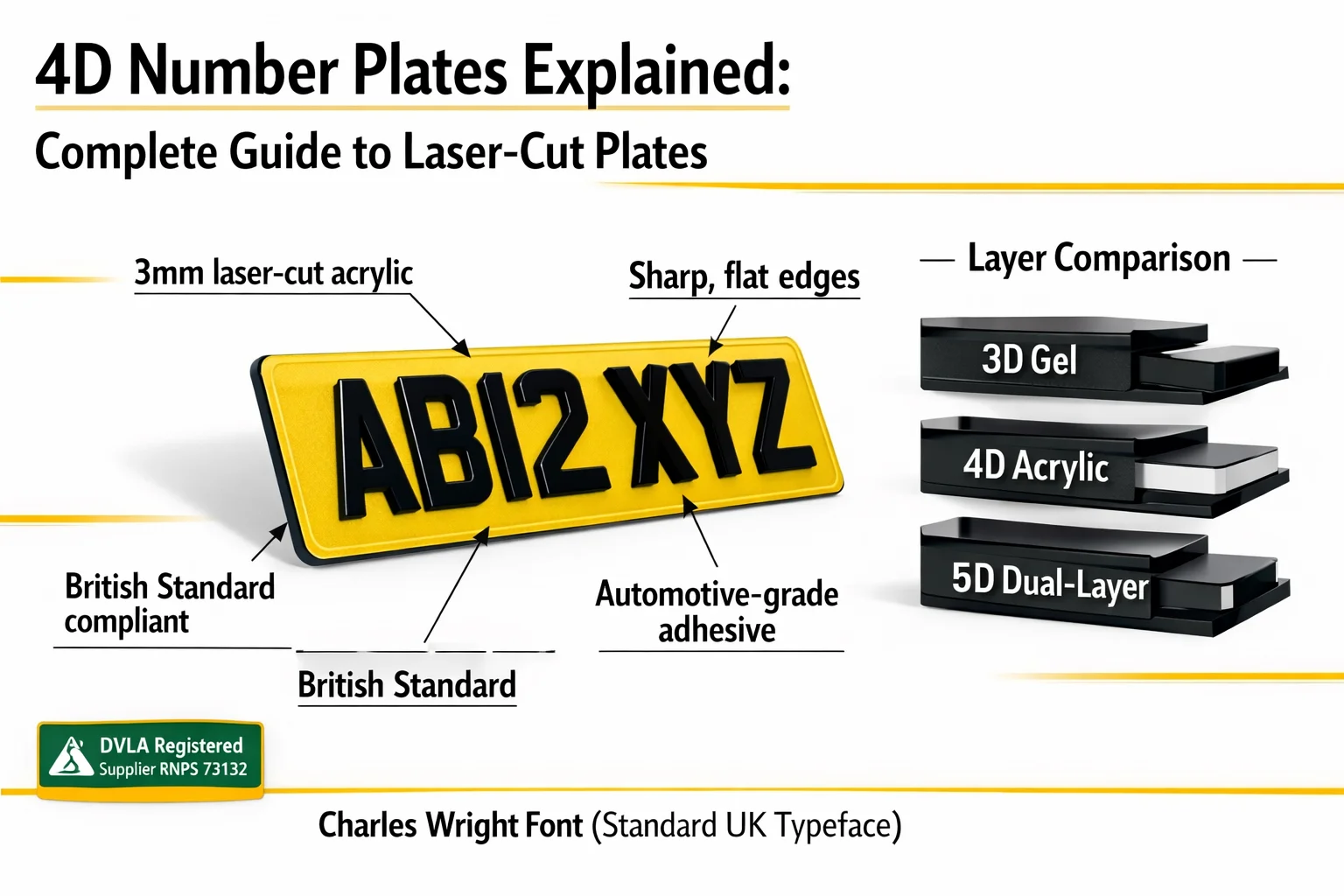 4D number plates explained UK - complete guide to laser-cut acrylic plates, 3mm thickness, manufacturing process and DVLA compliance