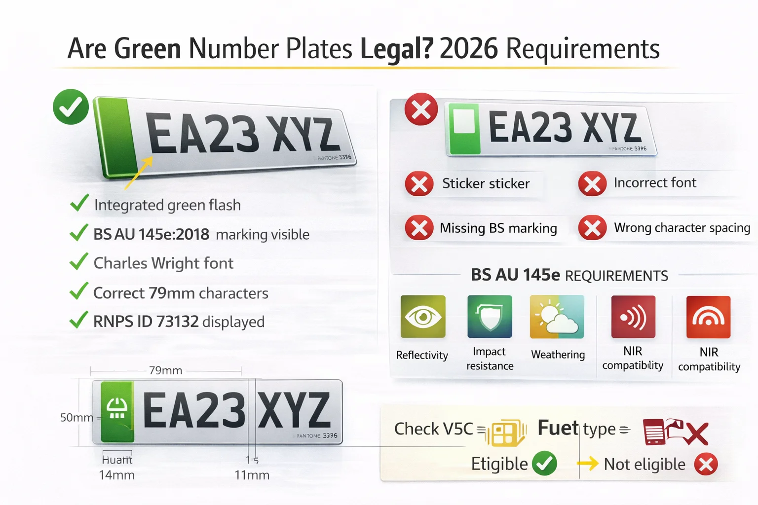 Are green number plates legal UK 2026 - BS AU 145e compliance, integrated green flash requirements, legal regulations guide