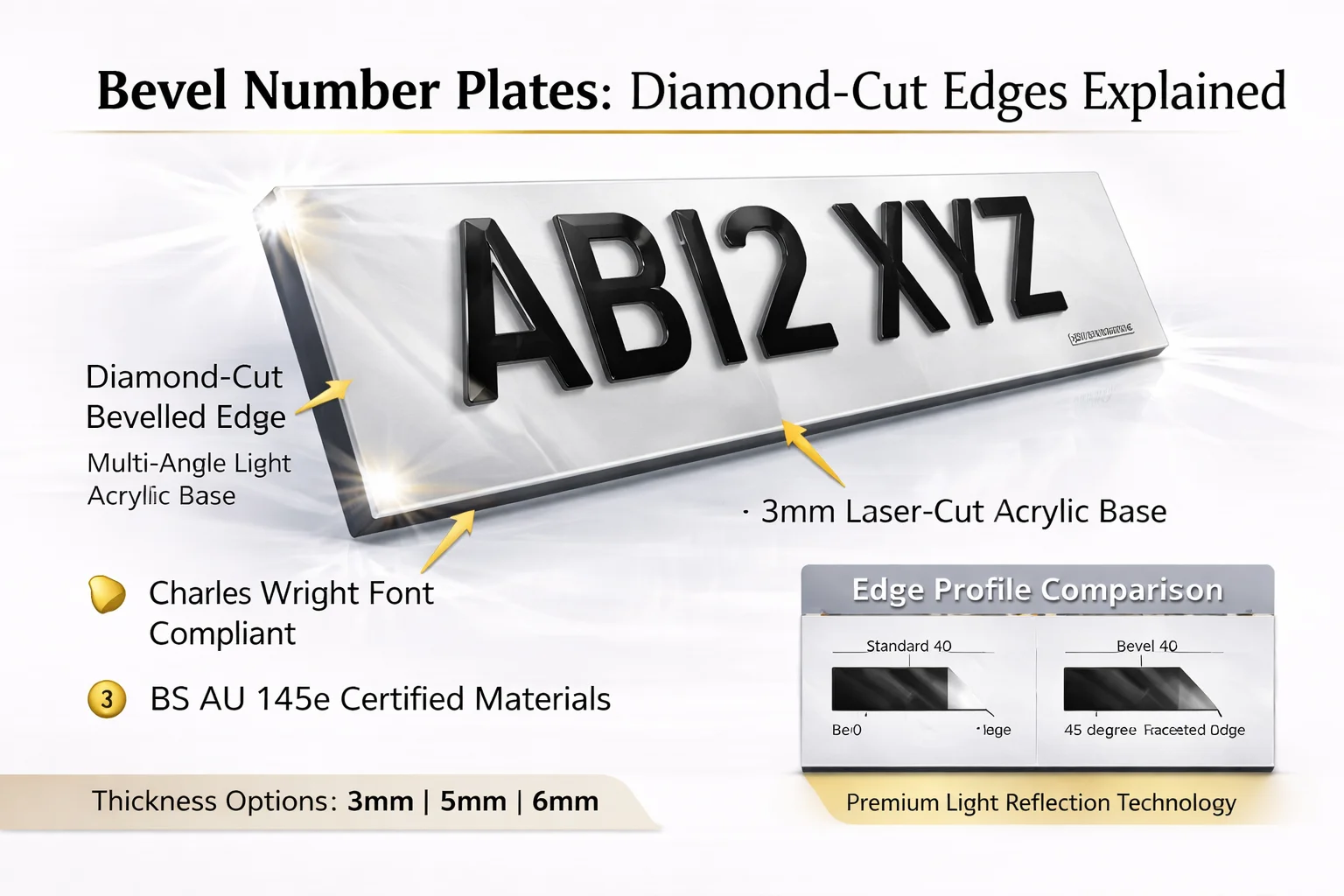 Bevel number plates UK - diamond-cut bevelled edge 4D plates with light reflection and thickness options guide
