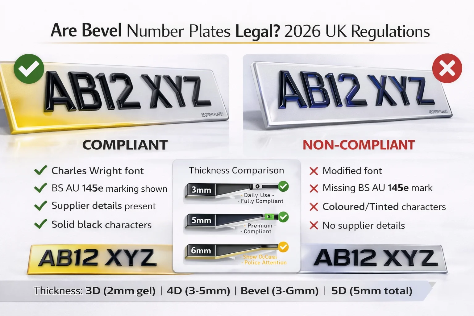 Are bevel number plates legal UK 2026 - bevelled plate thickness guide 3mm 5mm 6mm MOT compliance and police enforcement regulations
