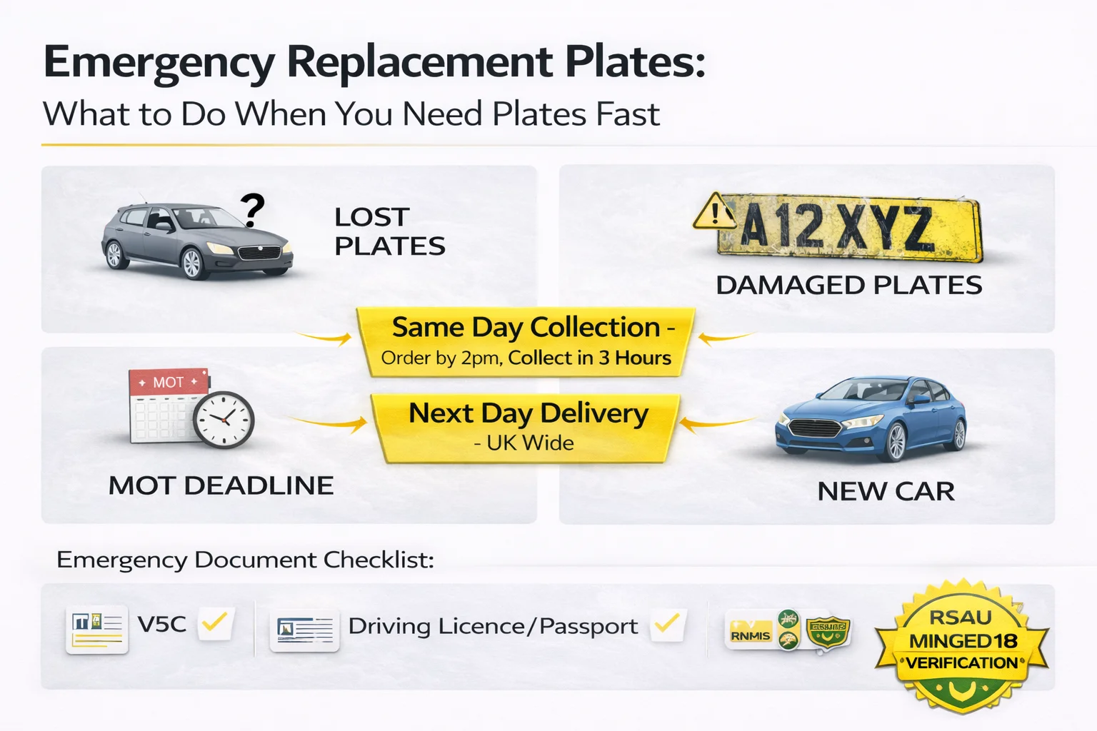 Emergency replacement number plates UK - same day urgent plates for lost damaged MOT deadline and new car delivery guide