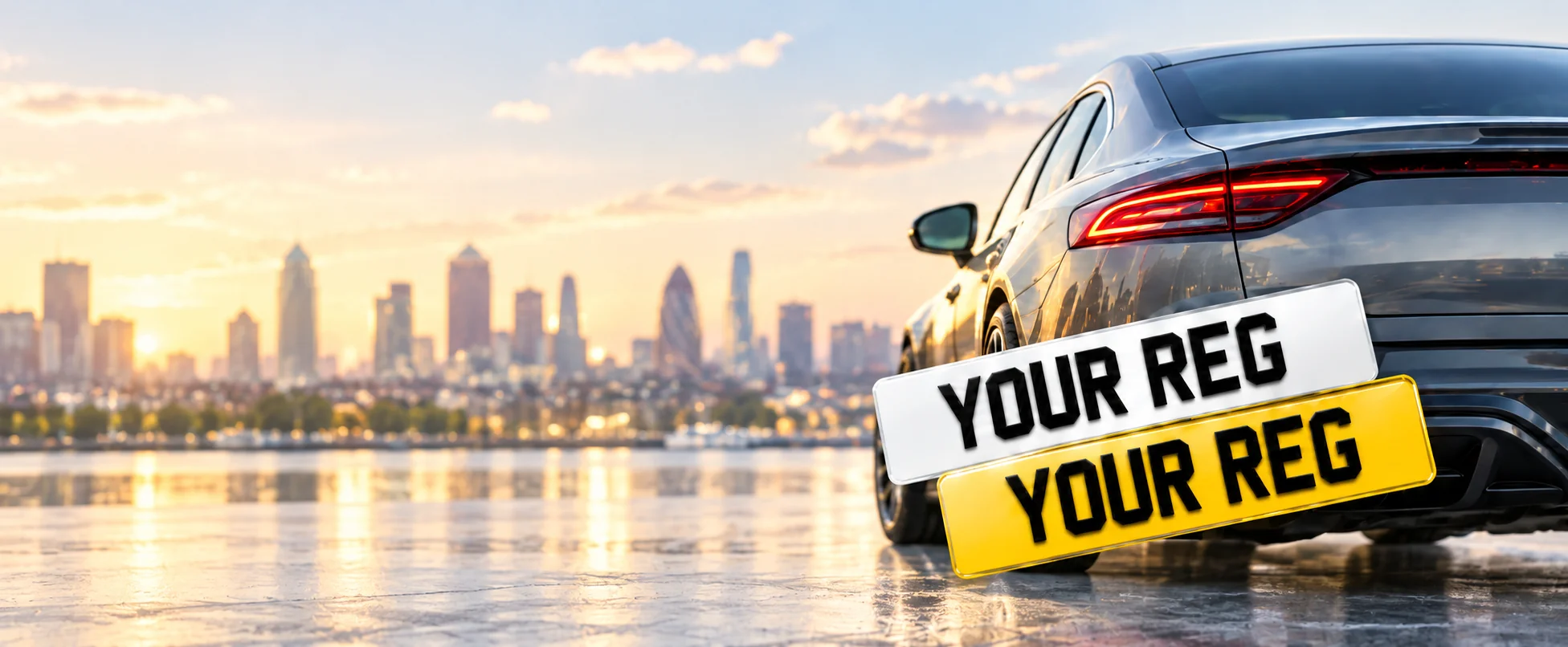 Rear of a car fitted with white and yellow number plates against a sunset city skyline