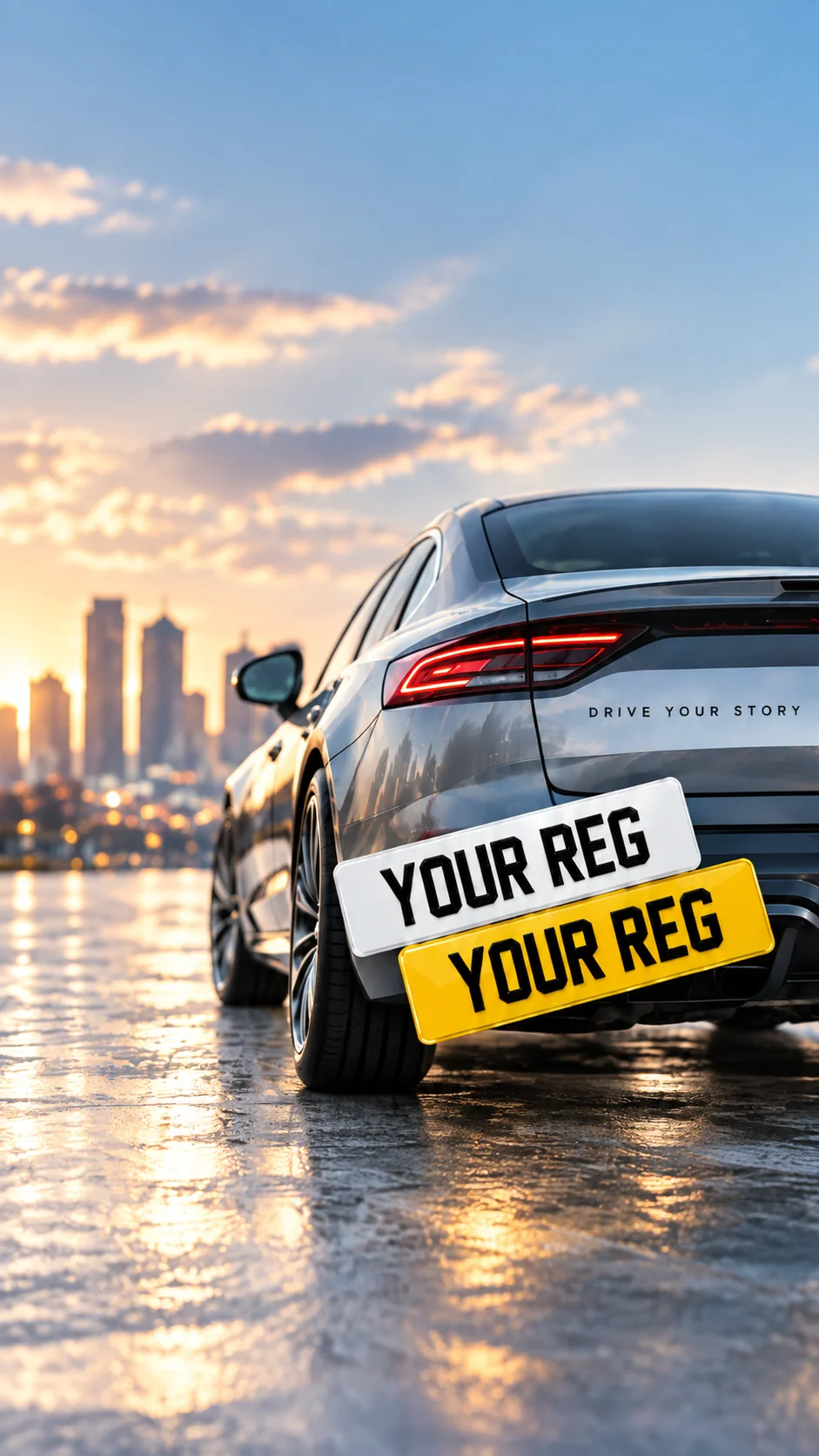 Rear of a car fitted with white and yellow number plates at sunset